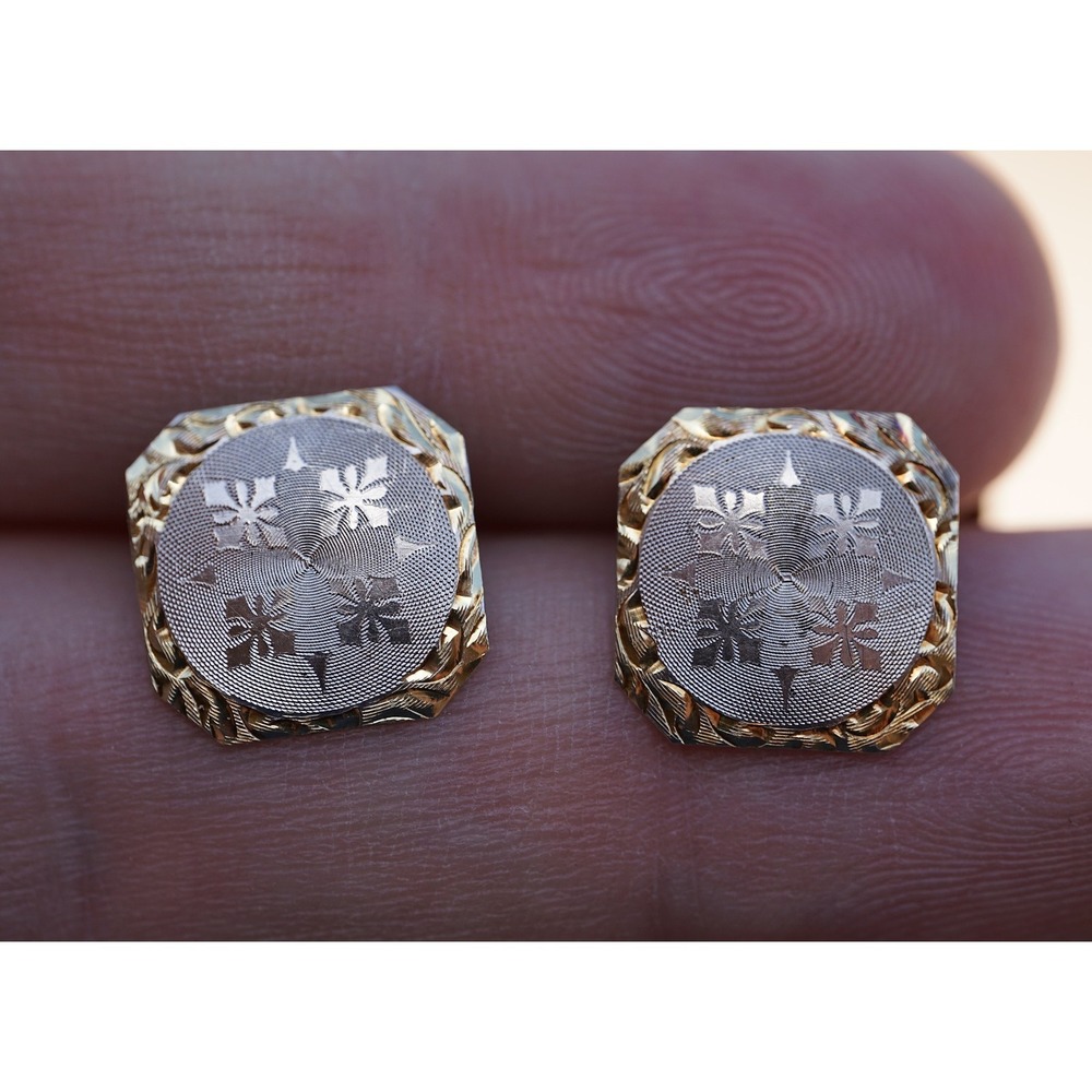 Antique Art Deco 14k Solid Gold Guilloche Star Snowflake Pattern Cufflinks 3.70g